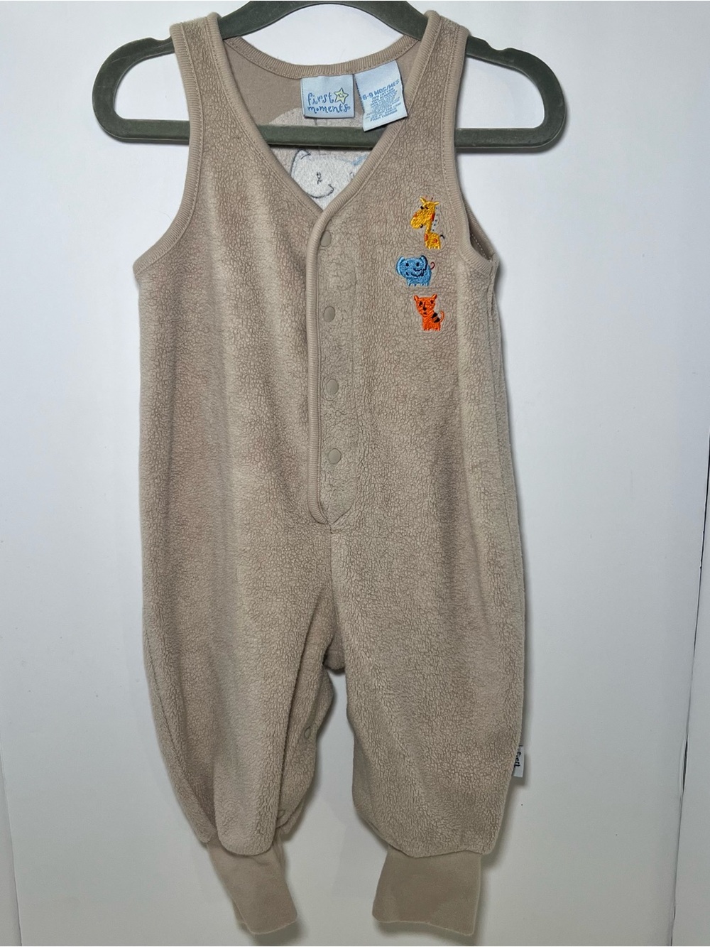 Vtg First Moments Unisex Tan Fleece Animal Romper 6-9M Cottagecore Neutral Baby